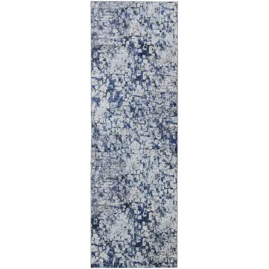 8' Blue and Ivory Abstract Power Loom Distressed Runner Rug Photo 1