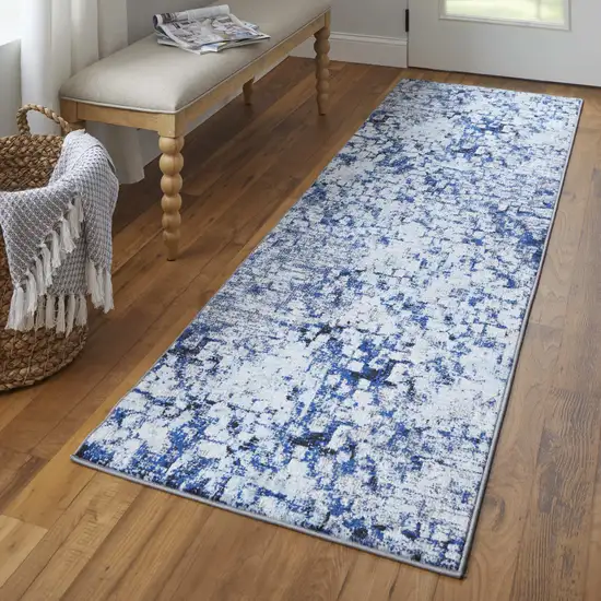 8' Blue and Ivory Abstract Power Loom Distressed Runner Rug Photo 5