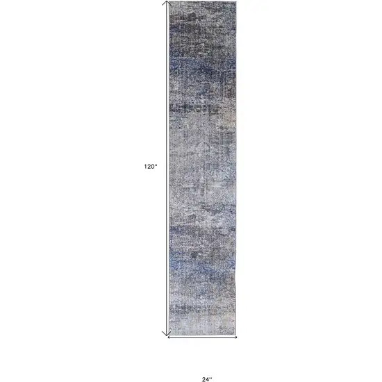 10' Blue and Ivory Abstract Power Loom Distressed Runner Rug Photo 3