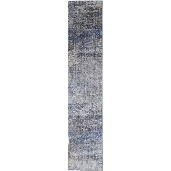 10' Blue and Ivory Abstract Power Loom Distressed Runner Rug Photo 4