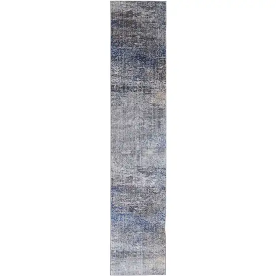 10' Blue and Ivory Abstract Power Loom Distressed Runner Rug Photo 2