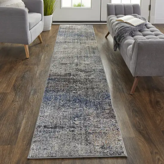 10' Blue and Ivory Abstract Power Loom Distressed Runner Rug Photo 6