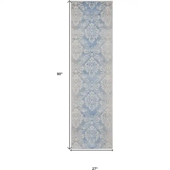 8' Blue and Ivory Damask Distressed Non Skid Runner Rug Photo 3