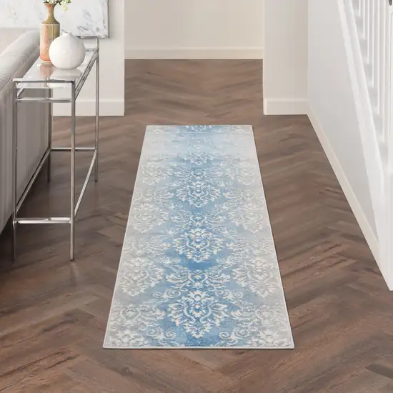 8' Blue and Ivory Damask Distressed Non Skid Runner Rug Photo 8