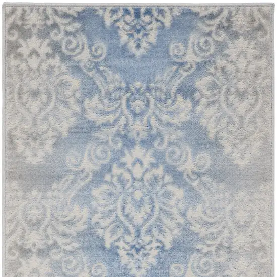 8' Blue and Ivory Damask Distressed Non Skid Runner Rug Photo 7