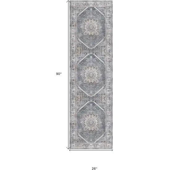 8' Blue and Ivory Floral Medallion Distressed Non Skid Runner Rug Photo 3