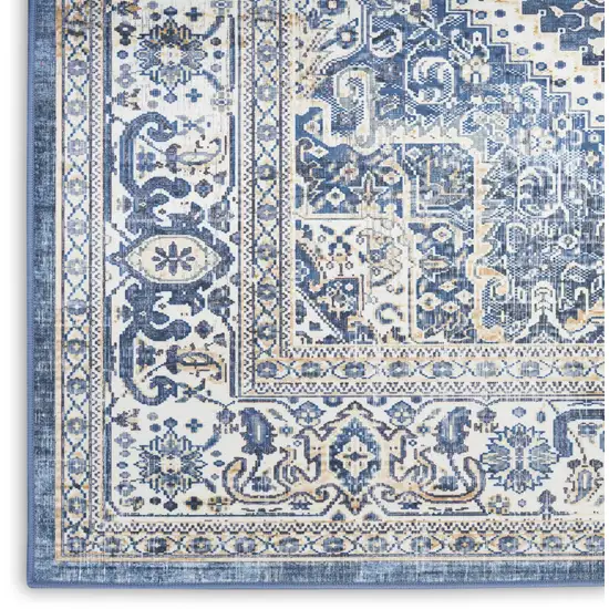 8' Blue and Ivory Floral Medallion Distressed Non Skid Runner Rug Photo 6