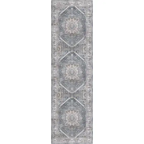 8' Blue and Ivory Floral Medallion Distressed Non Skid Runner Rug Photo 2