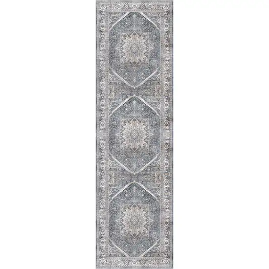 8' Blue and Ivory Floral Medallion Distressed Non Skid Runner Rug Photo 8