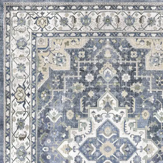 8' Blue and Ivory Floral Medallion Distressed Non Skid Runner Rug Photo 7