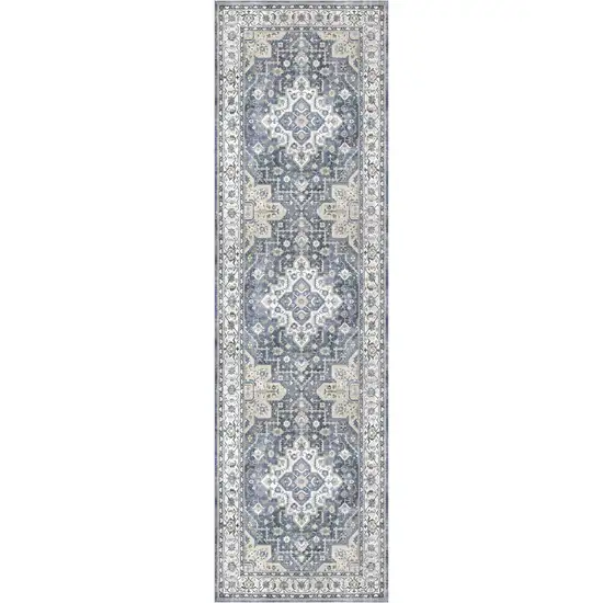 8' Blue and Ivory Floral Medallion Distressed Non Skid Runner Rug Photo 2