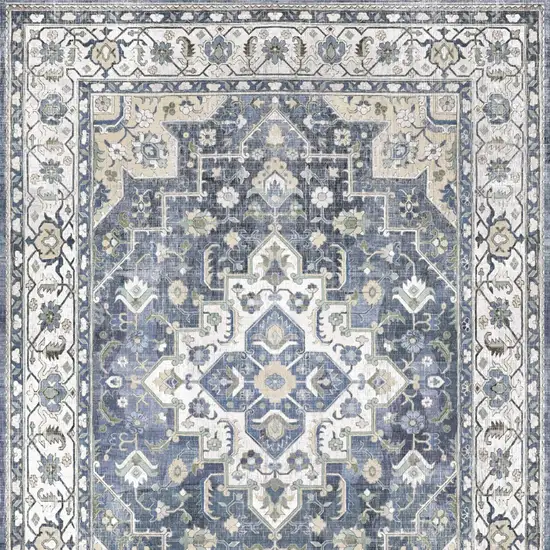 8' Blue and Ivory Floral Medallion Distressed Non Skid Runner Rug Photo 8