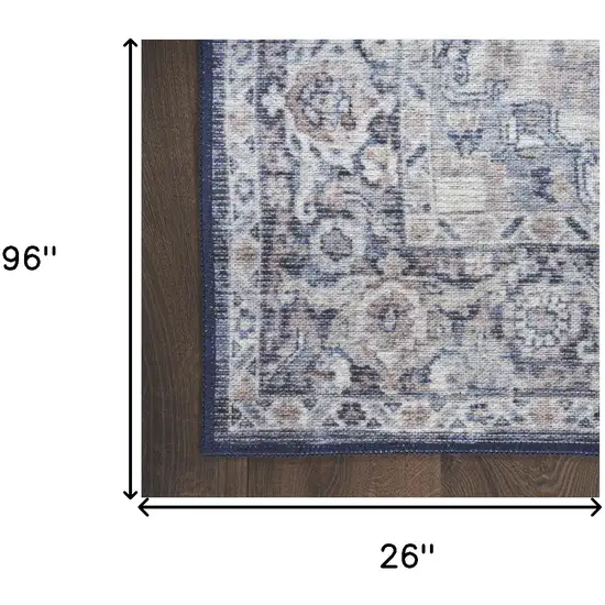 8' Blue and Ivory Floral Power Loom Distressed Washable Runner Rug Photo 7