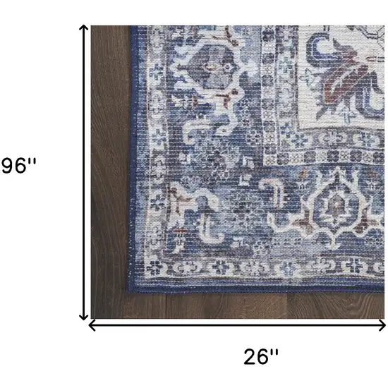 8' Blue and Ivory Floral Power Loom Distressed Washable Runner Rug Photo 7