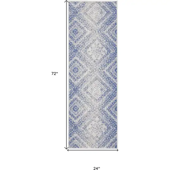 6' Blue and Ivory Geometric Distressed Runner Rug Photo 3