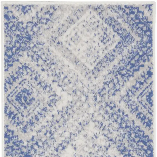 6' Blue and Ivory Geometric Distressed Runner Rug Photo 6