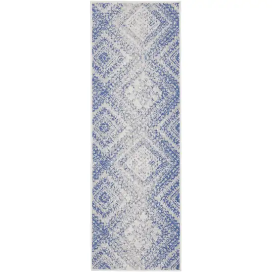 6' Blue and Ivory Geometric Distressed Runner Rug Photo 2