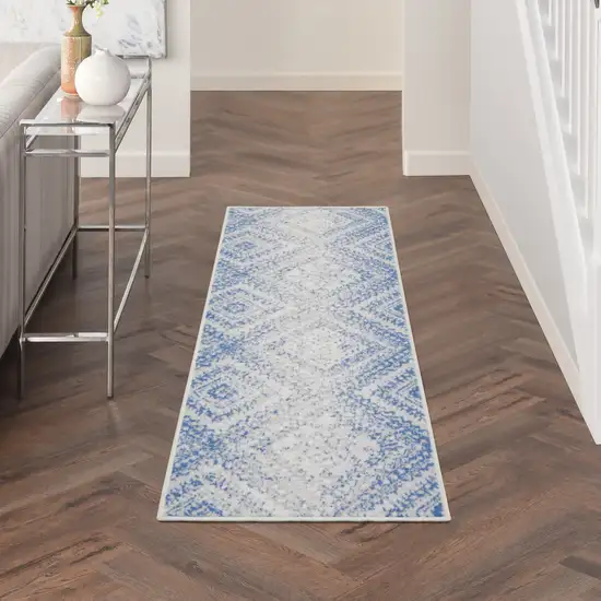 6' Blue and Ivory Geometric Distressed Runner Rug Photo 8