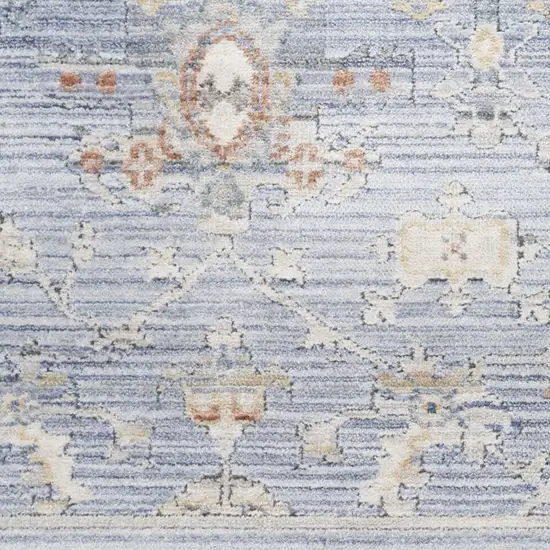 8' Blue and Ivory Oriental Power Loom Distressed Runner Rug With Fringe Photo 5