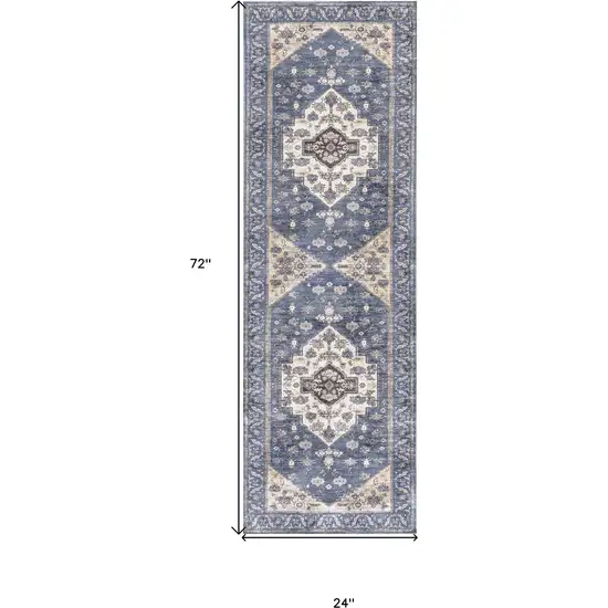 6' Blue and Ivory Oriental Power Loom Distressed Washable Non Skid Runner Rug Photo 9