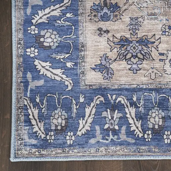 6' Blue and Ivory Oriental Power Loom Distressed Washable Non Skid Runner Rug Photo 2