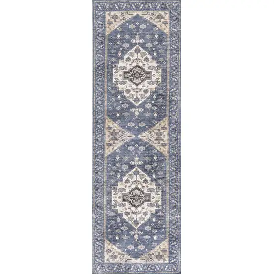 6' Blue and Ivory Oriental Power Loom Distressed Washable Non Skid Runner Rug Photo 1