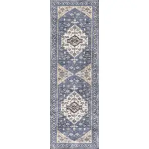 Photo of 6' Blue and Ivory Oriental Power Loom Distressed Washable Non Skid Runner Rug