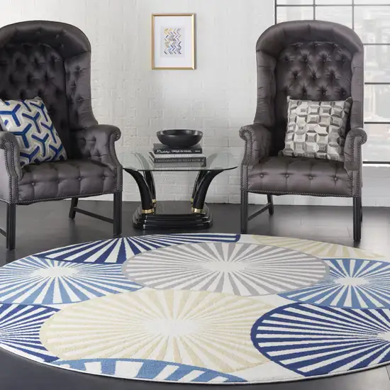 8' Blue and Ivory Round Geometric Power Loom Area Rug Photo 9