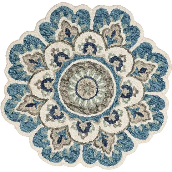 5' Blue and Ivory Round Wool Floral Hand Tufted Area Rug Photo 2