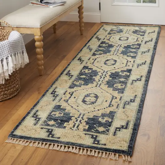 10' Blue and Ivory Wool Geometric Hand Knotted Runner Rug With Fringe Photo 6