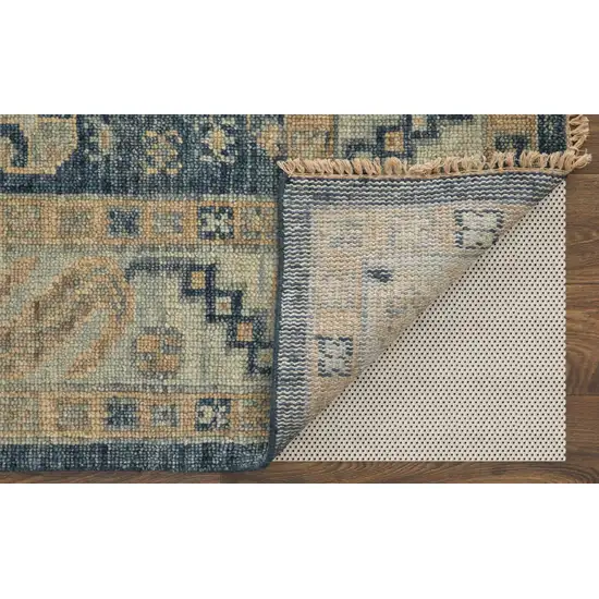 10' Blue and Ivory Wool Geometric Hand Knotted Runner Rug With Fringe Photo 4