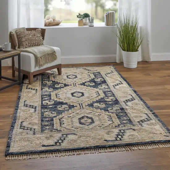 10' Blue and Ivory Wool Geometric Hand Knotted Runner Rug With Fringe Photo 5