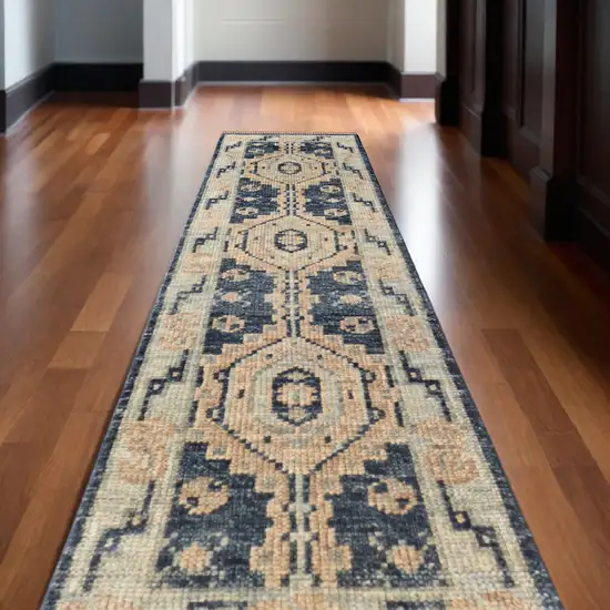 10' Blue and Ivory Wool Geometric Hand Knotted Runner Rug With Fringe Photo 1