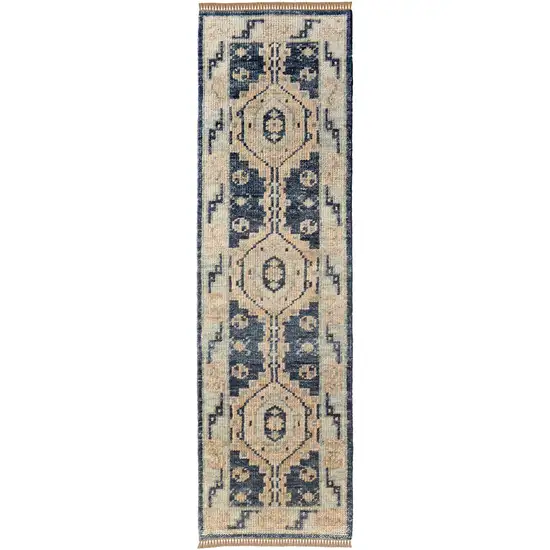 10' Blue and Ivory Wool Geometric Hand Knotted Runner Rug With Fringe Photo 2