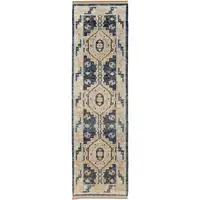 Photo of 12' Blue and Ivory Wool Geometric Hand Knotted Runner Rug With Fringe