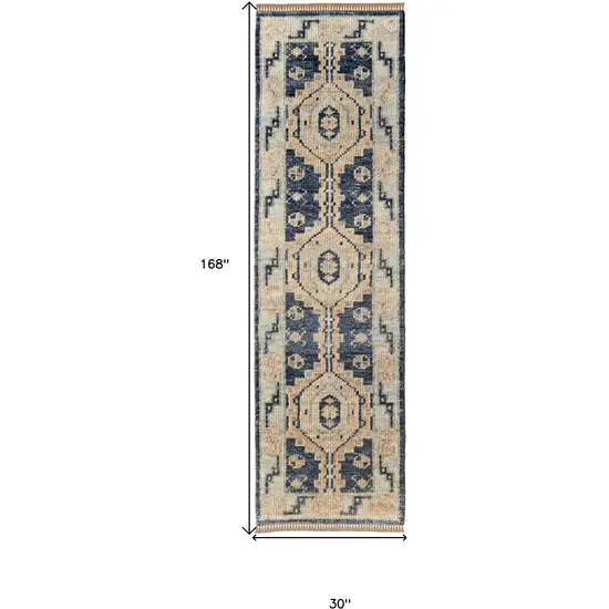 14' Blue and Ivory Wool Geometric Hand Knotted Runner Rug With Fringe Photo 3