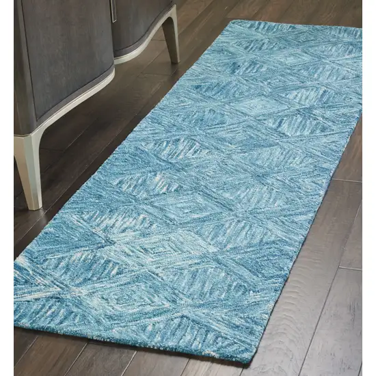 8' Blue and Ivory Wool Geometric Runner Rug Photo 8