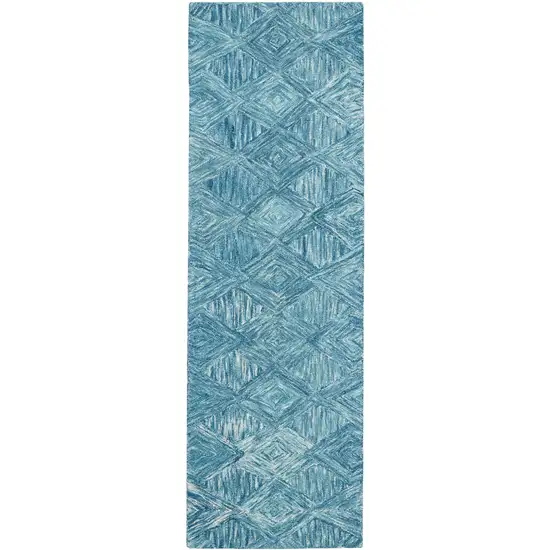 8' Blue and Ivory Wool Geometric Runner Rug Photo 2