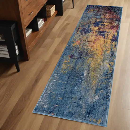 7' Blue and Orange Abstract Power Loom Runner Rug Photo 1