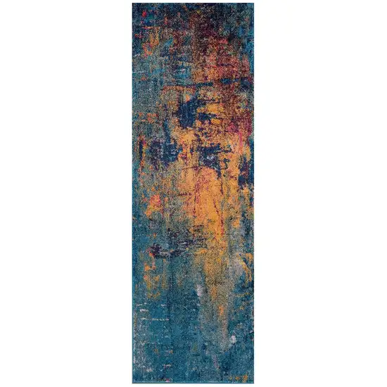 6' Blue and Orange Abstract Power Loom Runner Rug Photo 2