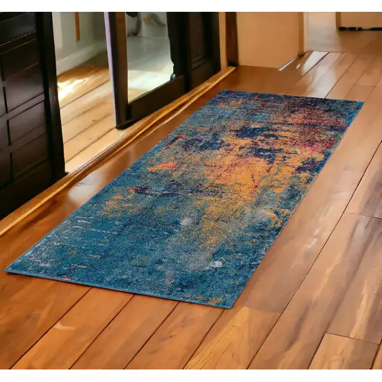 6' Blue and Orange Abstract Power Loom Runner Rug Photo 1