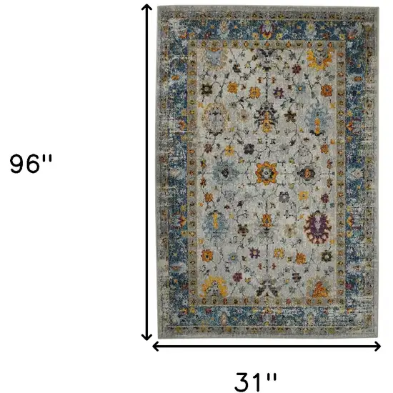 8' Blue and Orange Floral Power Loom Runner Rug Photo 6