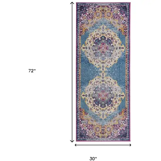 6' Blue and Orange Medallion Power Loom Runner Rug Photo 7