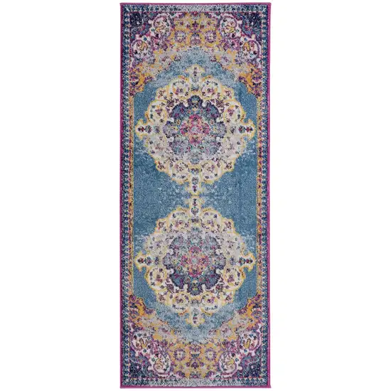 6' Blue and Orange Medallion Power Loom Runner Rug Photo 1