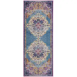 Photo of 6' Blue and Orange Medallion Power Loom Runner Rug