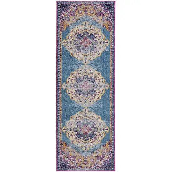 7' Blue and Orange Medallion Power Loom Runner Rug Photo 1