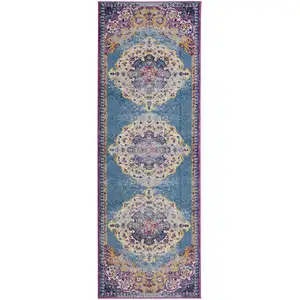 Photo of 7' Blue and Orange Medallion Power Loom Runner Rug