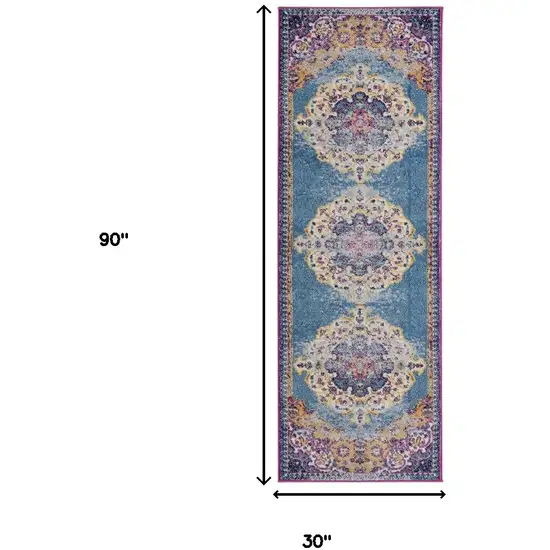 7' Blue and Orange Medallion Power Loom Runner Rug Photo 7