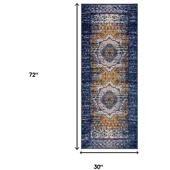 6' Blue and Orange Medallion Power Loom Runner Rug Photo 6