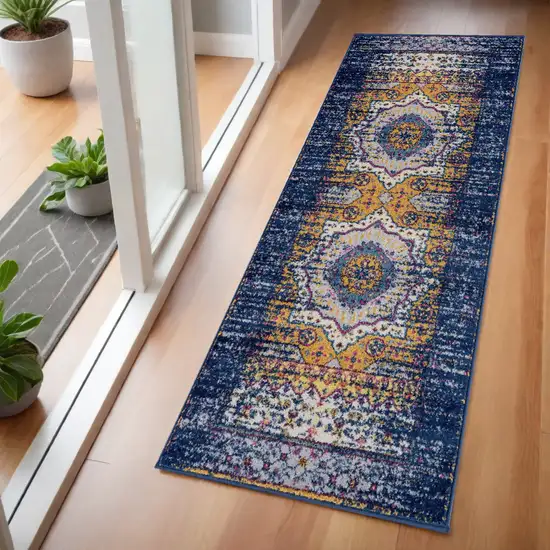 6' Blue and Orange Medallion Power Loom Runner Rug Photo 1